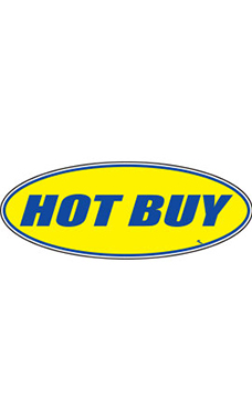 Oval Windshield Slogan Sticker - Blue/Yellow - "Hot Buy"