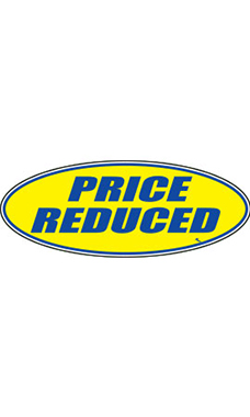 Oval Windshield Slogan Sticker - Blue/Yellow - "Price Reduced"