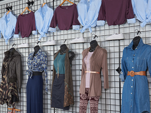 A close up shot of shoes and mannequin body forms displayed on black wire grid