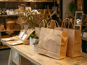 An image of kraft paper bags sitting on a table in a store