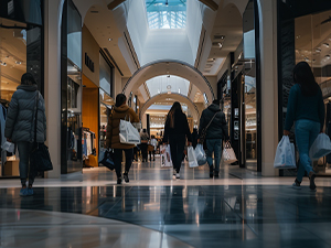 An image of a group of people walking together in a mall, holding shopping bags
