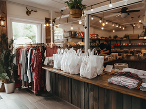 An image of a group of white shopping bags sitting on a counter in a store