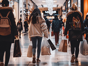 An image of a group of people holding shopping bags and walking together in a mall