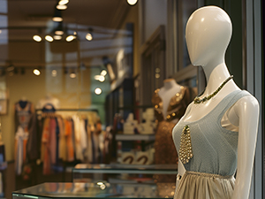 Image of a mannequin wearing jewelry in a store window