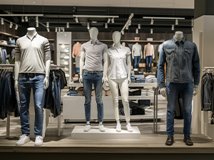 Image of 4 mannequins wearing white shirts and denim in a retail store