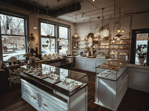 Image of a Jewelry store with glass countertop displays and white cabinets