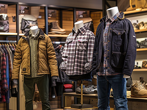 Image of mannequins in an outdoor equipment store wearing flannel and cold-weather jackets