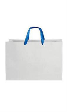 Large White on Kraft Premium Folded Top Paper Bags Royal Blue Ribbon Handles