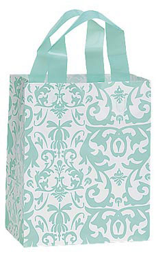 Medium Aqua Damask Frosted Plastic Shopping Bag